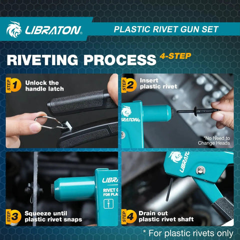Lightweight 90 Degree Plastic Rivet Gun Kit With One Hand Riveter 40 Nylon Rivets Four Sizes Universal Nosepiece For Automotive And Electronics Ergonomic Grip And About Fifty Percent Lighter Force For Easy Everyday Use shown in a 4-step riveting process.