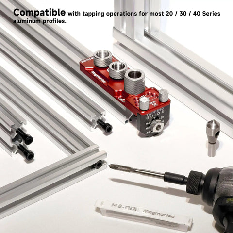 Pro Grade Beefy All Metal Aluminum Profile Drill Guide Kit with tap, step drill, and bushings on aluminum extrusions.