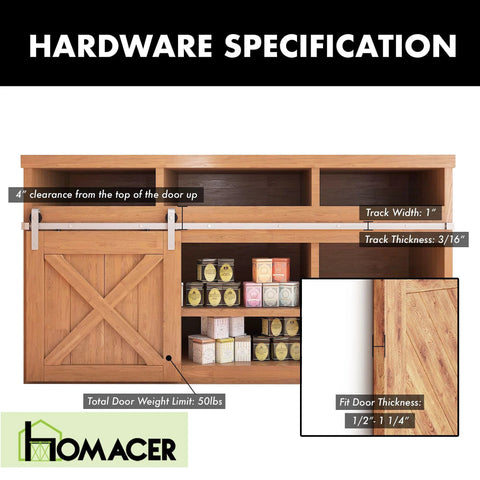 Image of a cabinet with mini brushed nickel non bypass sliding barn door hardware kit for one door, showing specifications for TV stand use.