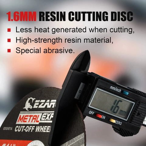 Close-up of Heavy Duty Cut Off Wheels 25 Pack For Die Grinder 3 Inch Diameter 1 Sixteenth Inch Thick 3 Eighth Inch Arbor Metal And Stainless Steel Cutting Discs Built Tough For Fast Clean Cuts And Long Lasting Performance EZARC, showing digital caliper measuring 16mm thickness.