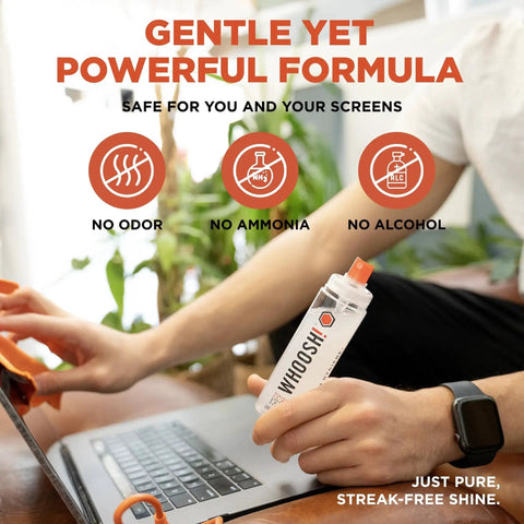 Person using Screen Shine Duo XL Safe For All Screens And Lenses Cleaner Spray And Wipes on a laptop