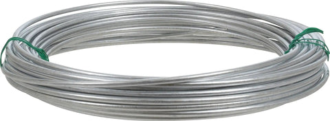 9 Gauge Galvanized Solid Wire Cable 50 Feet Corrosion Resistant For Craft And DIY Projects Holds Up To 165 Pounds Durable Silver Finish, coiled.