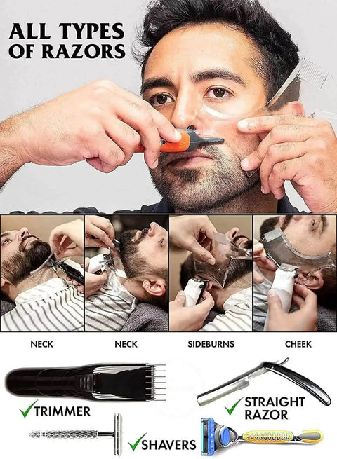 Man using Beard Shaping Tool With Comb For Perfect Lineup And Edging For Mens Jaw Cheek And Neck Lines With Symmetric Curve
