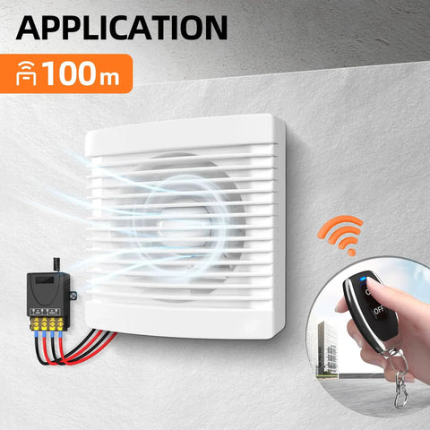 Wireless Remote Switch With 30A Relay For 8V to 86V DC Systems, RF Control. Image showing fan with remote control application.