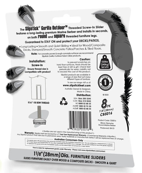 Packaging of Eight Pack Outdoor Adjustable Furniture Levelers Berber Glide Feet with product information and installation guide