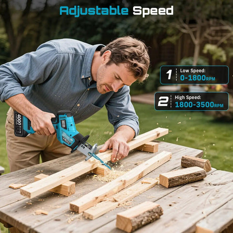 Man using Cordless Reciprocating Saw With Brushless Motor And 3500 RPM Variable Speed For Wood And PVC Cutting on wood planks