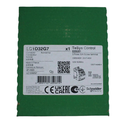 Product box of Three Pole AC Contactor LC1 D32G7 32 Amp 120V Coil Heavy Duty Workhorse for Industrial Automation, labeled details visible.