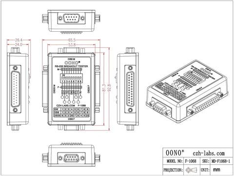 Technical drawing of RS232 Breakout Tester LED Monitor Module with DB9 male, DB9 female, DB25 male, DB25 female connectors for signal debugging.