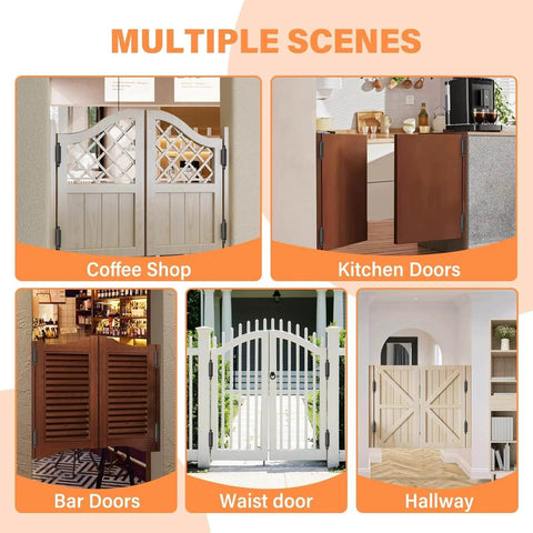 Image showing multiple uses of 4 Pack 3 Inch Double Action Spring Hinges For Saloon Doors Stainless Steel Black in different settings.