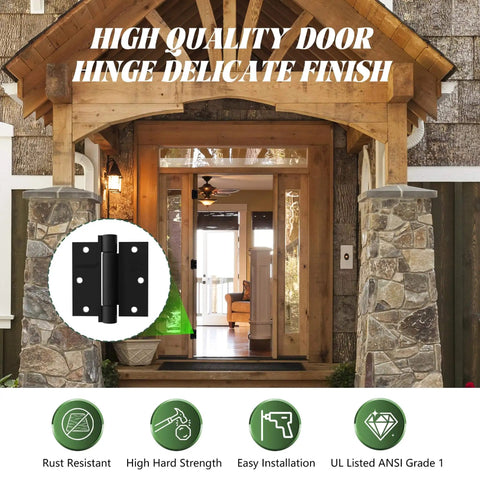 Two Pack Self Closing Door Hinges Three Point Five Inch Matte Black Spring Loaded Auto Close Hinges for Interior Doors
