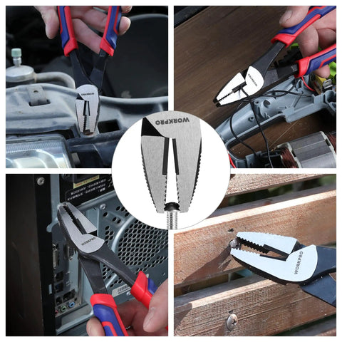 8 Inch Screw Extractor Pliers For Damaged Rusted Stripped Screws And Fasteners With Non Slip Jaws Lineman Style Remover Tool For Quick Extraction In Home Shop And Garage By WORKPRO used on various objects