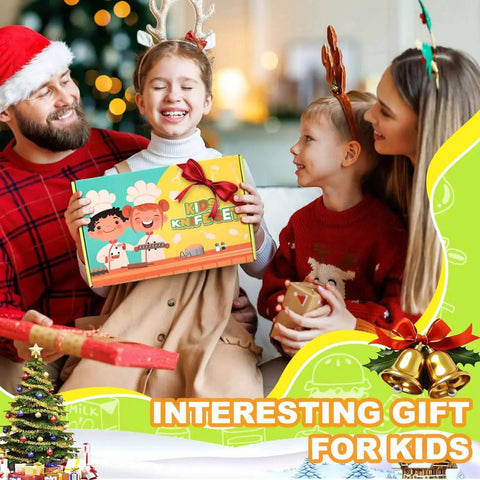 Family enjoying Christmas with a present labeled 'Kids Knife Set', featuring children in festive attire and decorations.