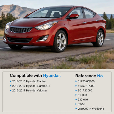 Red Hyundai Elantra on road with product details for Front Wheel Hub Bearing Kit Set Of 2 Direct Fit For 2011 2015 Hyundai Elantra 2013 2017 Hyundai Elantra GT And 2012 2017 Hyundai Veloster Replacement Hubs 51720 0Q000 51750 1P000