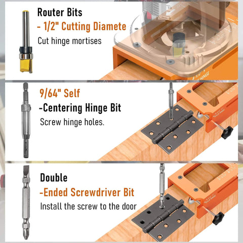 Door Hinge Jig Kit For Hinge Mortising And Door Installation, Pro Grade Aluminum Template close-up with router bits