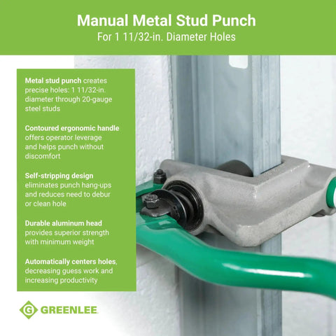 Manual Metal Stud Punch with aluminum head in use on steel stud for 1-11/32 inch holes with ergonomic handle visible
