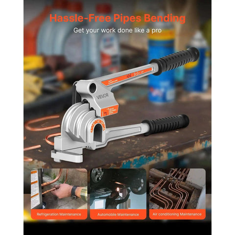 3 In 1 Tube Bender For Copper And Aluminum Pipes shown on workbench with handles and angle indicators, ideal for HVAC use.
