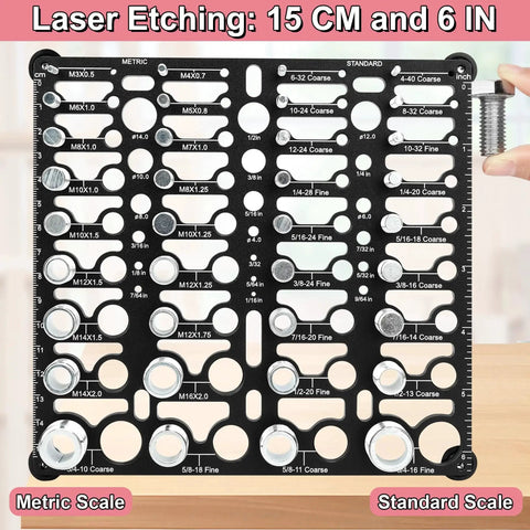 Bolt Thread Checker Gauge Kit Identifies 36 Thread Sizes Including 20 Imperial And 16 Metric From M3 X 0.5 To M16 X 2.0 Wall Mount Nut And Bolt Identifier Board With 19 Drill Bit Gauge For Fast Sizing displayed front view.