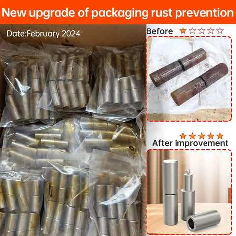 Heavy Duty Weldable Barrel Gate Hinges For 4 Inch Posts with new rust prevention packaging comparison, before and after.