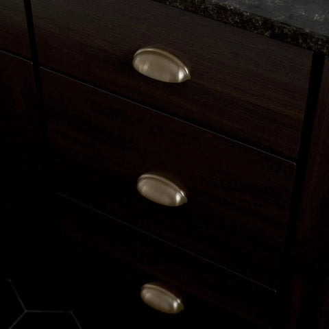 Dark cabinet with Champagne Bronze 3 Inch Cup Pull Cabinet Handles Set Of 10 For Cabinets And Dressers, 76mm installed on drawers