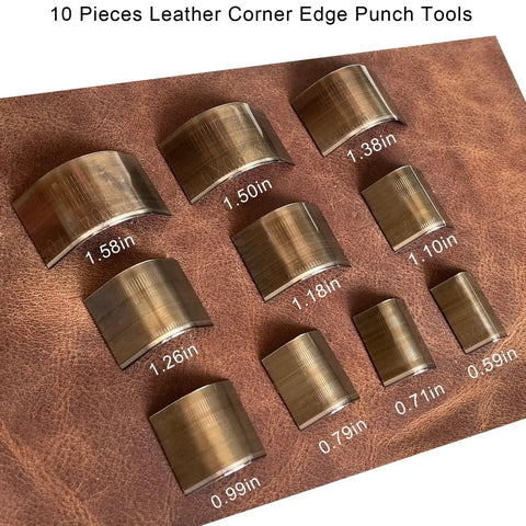 Ten Piece Leather Corner Punch Set With High Carbon Steel Edge Cutters on mat, sizes 15mm to 40mm for precise corner edges