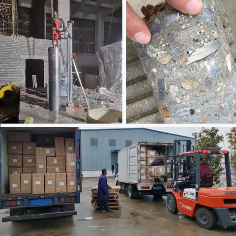 Wet Diamond Core Drill Bits For Masonry And Concrete With Crown Shaped Segments Ten Inch Diameter Fifteen And A Half Inch Drilling Depth One And A Quarter Inch 7 UNC Arbor Built Tough For Brick Block And Stone TUHUT in use on construction site, showing core sample and packaging in transport trucks.