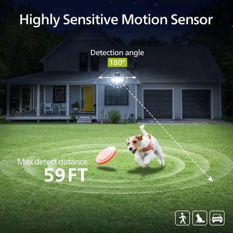 Big 3600 Lumen Solar Flood Lights With Separate Panel illuminating yard with dog, highlighting 180° detection angle and 59ft range.