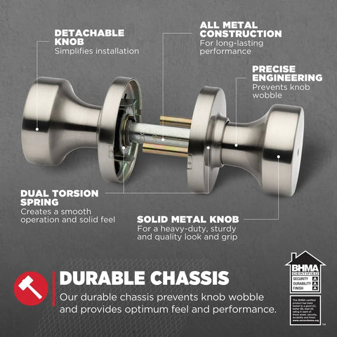 Pismo Interior Round Privacy Door Knob With Lock in Gunmetal Finish showing features like detachable knob and dual torsion spring.