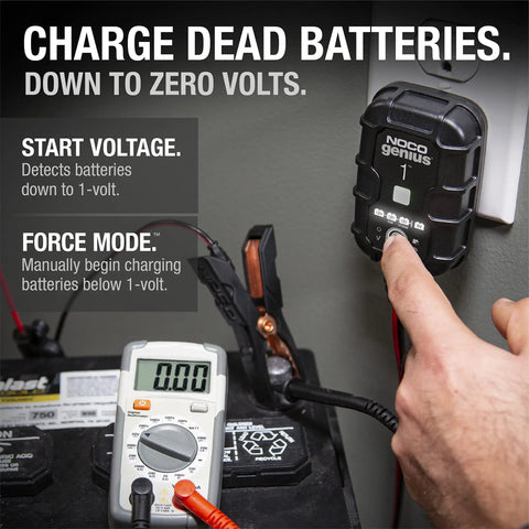 Smart Battery Charger And Maintainer For 6V And 12V Systems With Automatic Desulfator Trickle Charge Overcharge Protection And Temperature Compensation For Lead Acid And Lithium Batteries By NOCO, showing user connecting the charger.