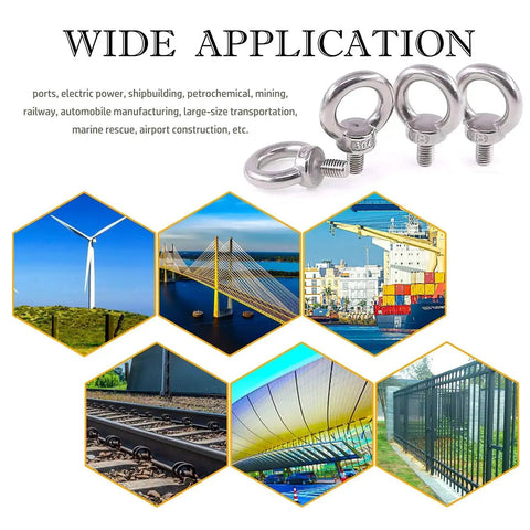 Wide application of Heavy Duty 4 Pack M10 Lifting Eye Bolts In 304 Stainless Steel in various industries and environments.