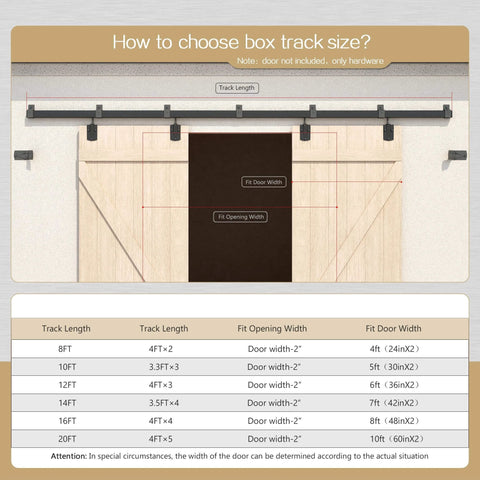Diagram showing sizing for Beefy Heavy Duty Exterior Sliding Barn Door Hardware Kit With 450 Lb Capacity Black Powder Coat Finish 8 Ft Box Rail System