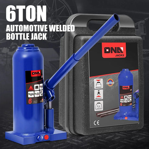 6 Ton Hydraulic Bottle Jack For Automotive Lifting With Welded Steel Blue, shown with packaging case