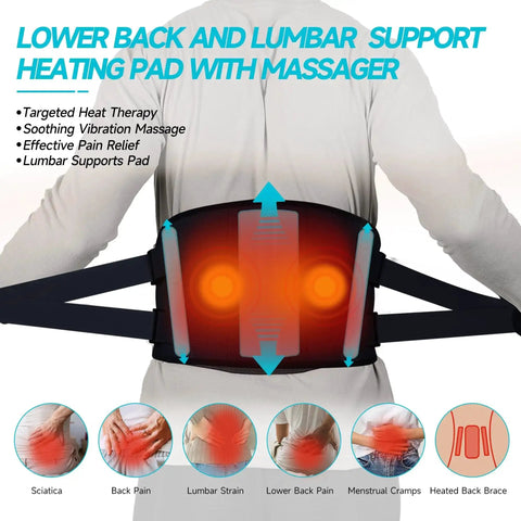 Person wearing Cordless Back Relief Heating Pad with Built In Massager and Wearable Lumbar Support in 3 Heat Levels and 5 Vibrations