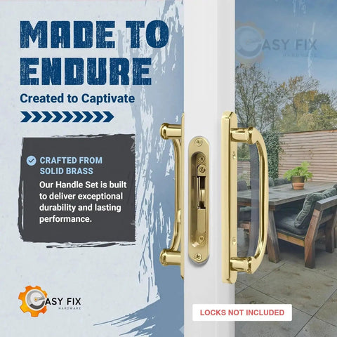 Legacy Sliding Glass Door Offset Latch Gold Handle Set Replacement Eight And One Half Inch Escutcheon Plate Fits Three And Fifteen Sixteenths Inch Screw Hole Spacing And One And Quarter To Two And Quarter Inch Door Thickness Sash Controls 2265 installed on door