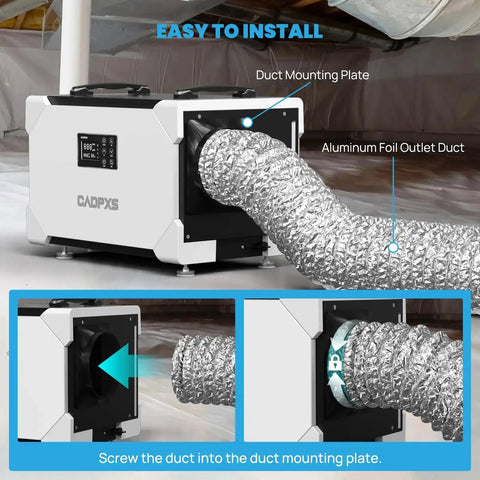 Go To 6 Inch Flexible Dehumidifier Duct Aluminum Foil Outlet for crawlspace ventilation, attached to a dehumidifier unit