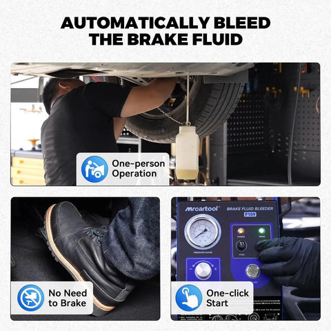 Brake fluid bleeder kit (Mrcartool) for one-person operation; blue control unit with pressure gauge and 1L waste bottle