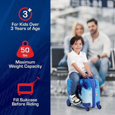 Child riding Spider-Man 19 Inch Kids Carry On Luggage With Spinner Wheels Ride On Hardshell Suitcase For Travel Blue Marvel Licensed