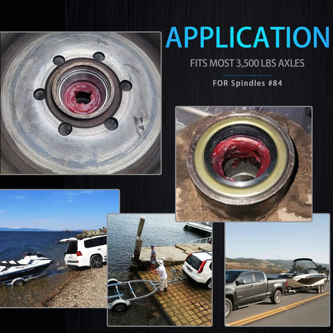 Collage of trailer hub use showing installation of 4 Pack Trailer Axle Hub Wheel Grease Seals With Cotter Pins For 3500Lb Spindles 1.719 Inch ID And 2.565 Inch OD 0.5 Inch Wide Fits Dexter 010-019-00 171255TB Replaces National NOK GS Series Ideal For DIY Trailer Repair