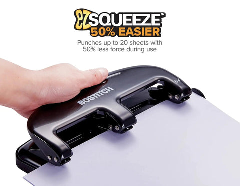 Hand using Ez Squeeze 20 Sheet 3 Hole Punch For Standard Office Paper With Metal Construction Locking Handle Rubber Base And Precise Paper Guide This Heavy Duty Office Workhorse Bostitch
