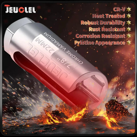 Oxygen Sensor Socket 22mm 7/8 Inch 3/8 Drive Offset O2 Sensor Removal Tool with side wire cutout on fiery background