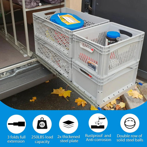 Heavy Duty Locking Drawer Slides With Full Extension Runners Side Mount Ball Bearing Rails Track Glides 250 Lbs 12 To 40 Inch Options 1 Pair Durable Steel For Smooth Quiet Operation And Reliable Drawer Support in use with storage crates.