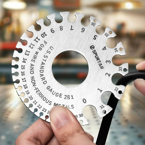 Dual Sided Stainless Steel Wire Gauge Measuring Tool Set With 3 Pieces, 2 Round Gauges And 1 Sheet Metal Thickness Gauge, close-up view of round gauge showing measurements.