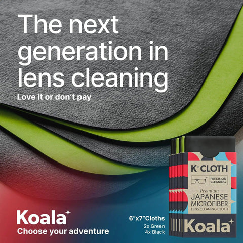Box of Japanese Microfiber Lens Cleaning Cloths For Glasses Cameras VR Screens Six Pack next to green and black cloths.