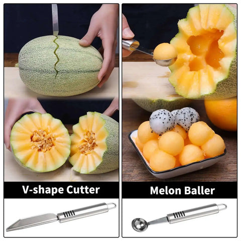 Six Piece Stainless Steel Fruit Carving Knife Set With Melon Ball Scoop V Shape Cutter showing melon carving and balling