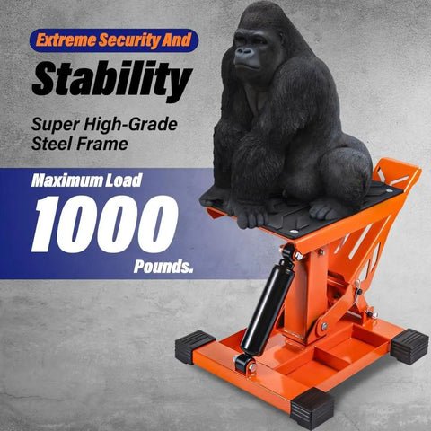 Beefy Heavy Duty Hydraulic Dirt Bike Lift Stand With Tool Trays 1000 Lbs Capacity Jack Stand showcasing load capacity with gorilla figure.