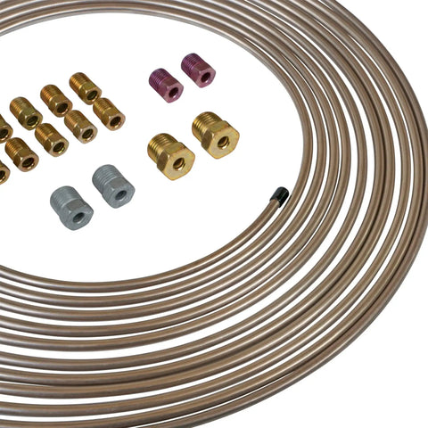 Copper-nickel brake line tubing coils with assorted fittings, 3/16 in x 25 ft, two full kits, Amazon