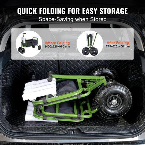 Compact folded heavy duty folding fishing cart with four 11 inch wheels and 300 pound load capacity rust resistant steel beach wagon trolley