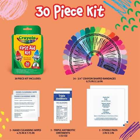Image showing Crayola's Travel Ready 30 Piece First Aid Kit for Kids and Adults with bandages, wipes, ointment, and sterile pads laid out.