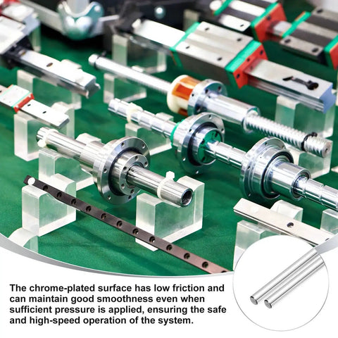 Linear Motion Rods 6mm x 350mm Set Of 2 Solid Case Hardened Chrome Plated Rails displayed with other machine components