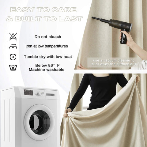 Care instructions for 102 Inch Pinch Pleated Blackout Curtains Two Panels With Hooks for Track Sliding Doors No Fuss Easy Install