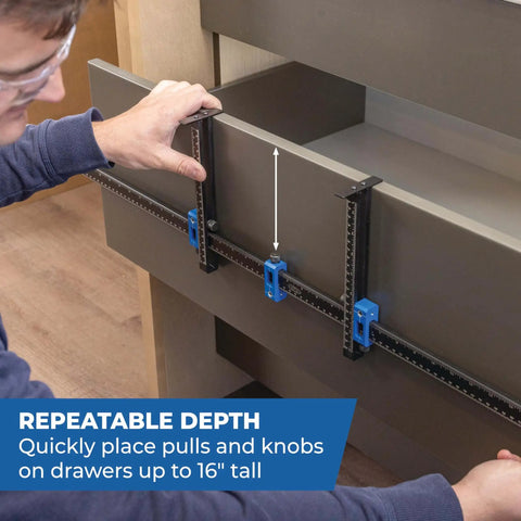 Person using Cabinet Hardware Jig Pro XL Flexible Full Length To Compact Setup for precise drawer pull installation.